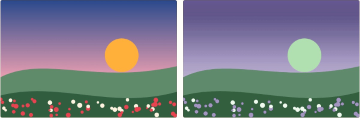 A landscape in blue, pink, green and orange beside the same picture predicted in two riso inks, purple and fluorescent green, where the orange sun turns pale green.
